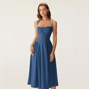 Rihoas Navy Square Neck Pocket Slip Midi Dress